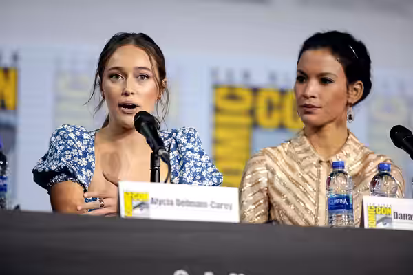 Alycia Debnam-Carey and Danay Garcia speaking at the 2019 San Diego Comic Con International, for "Fear the Walking Dead", at the San Diego Convention Center in 