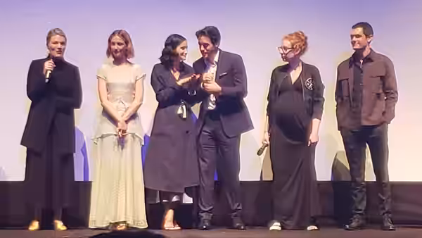 Left to right: Emma Tammi, Caitlin Gerard, Julia Goldani Telles, Ashley Zukerman, Teresa Sutherland, and Dylan McTee at a Q&amp;A for The Wind at the Ryerson Th (2018)