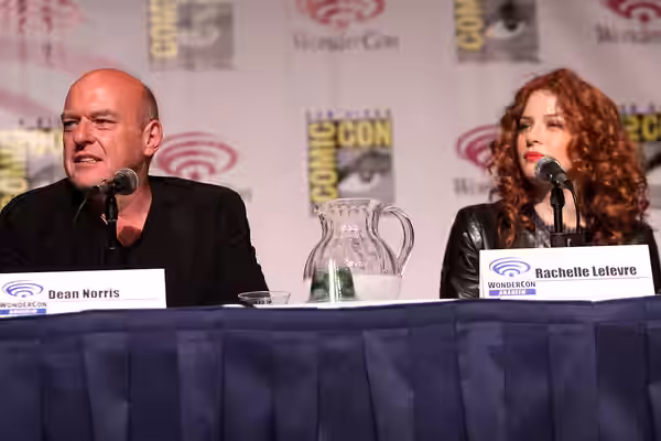 Dean Norris and Rachelle Lefevre speaking at the 2013 WonderCon at the Anaheim Convention Center in Anaheim, California. Please attribute to Gage Skidmore if us