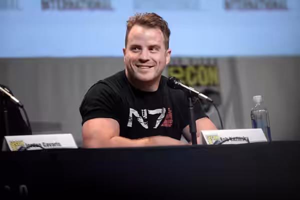 Rob Kazinsky speaking at the 2015 San Diego Comic Con International, for "Entertainment Weekly: Brave New Warriors", at the San Diego Convention Center in San D