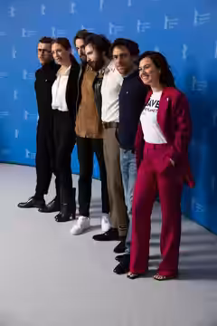 Barbara Chichiarelli, Fabio D'Innocenzo, Elio Germano and Ileana Stimmatini D'Ambra presenting the movie "Favolacce" ("Bad Tales" at the Berlinale 2020