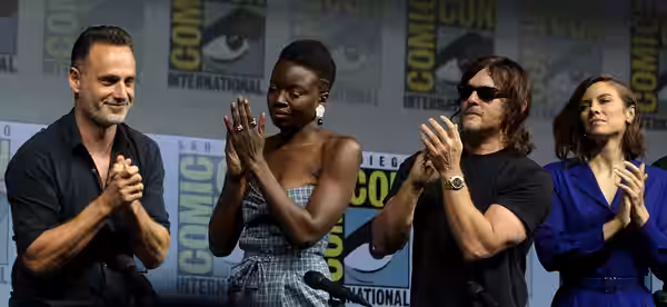 Robert Kirkman, Greg Nicotero, Andrew Lincoln, Danai Gurira, Norman Reedus and Lauren Cohan speaking at the 2018 San Diego Comic Con International, for "The Wal
