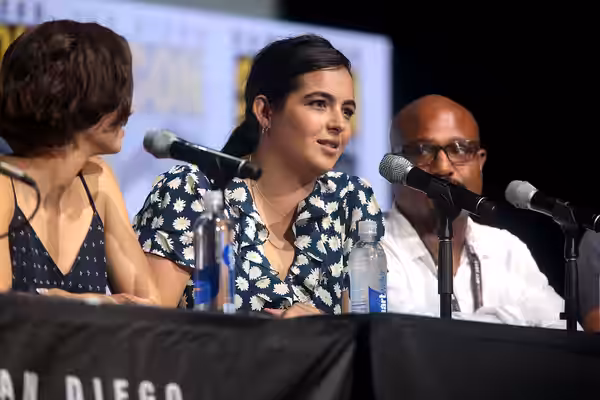 Alanna Masterson and Seth Gilliam speaking at the 2017 San Diego Comic Con International, for "The Walking Dead", at the San Diego Convention Center in San Dieg