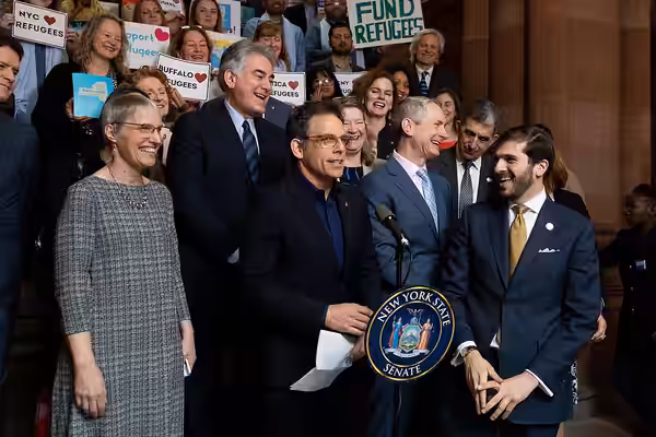 attend a press conference with actor Ben Stiller (at mic). The actor was in Albany to promote funding for refugees to settle and start business in NY State, esp (2020)