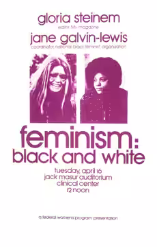 Portraits of Gloria Steinem and Jane Galvin-Lewis appear above the title in shades of purple. The date of the lecture is Apr. 16., Publication: [Bethesda, Md. : (1970)