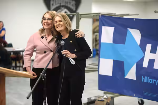 Former U.S. Congresswoman Gabrielle Giffords and Gloria Steinem speaking with supporters at the Women Together Arizona Summit at Carpenters Local Union in Phoen (2016)