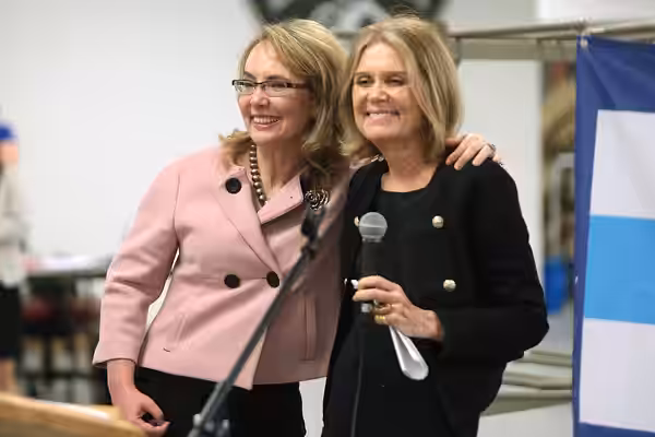 Former U.S. Congresswoman Gabrielle Giffords and Gloria Steinem speaking with supporters at the Women Together Arizona Summit at Carpenters Local Union in Phoen (2016)
