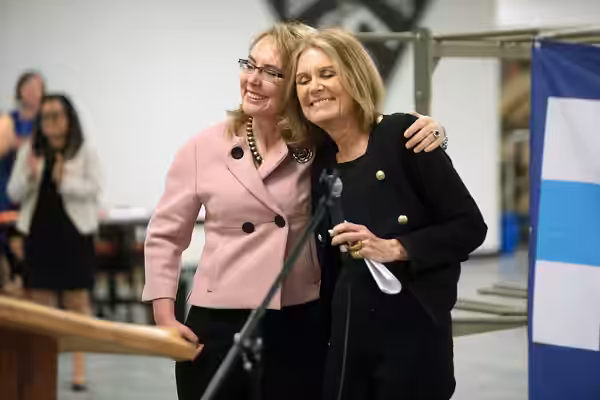 Former U.S. Congresswoman Gabrielle Giffords and Gloria Steinem speaking with supporters at the Women Together Arizona Summit at Carpenters Local Union in Phoen (2016)