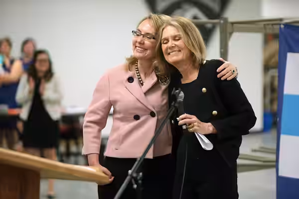 Former U.S. Congresswoman Gabrielle Giffords and Gloria Steinem speaking with supporters at the Women Together Arizona Summit at Carpenters Local Union in Phoen (2016)