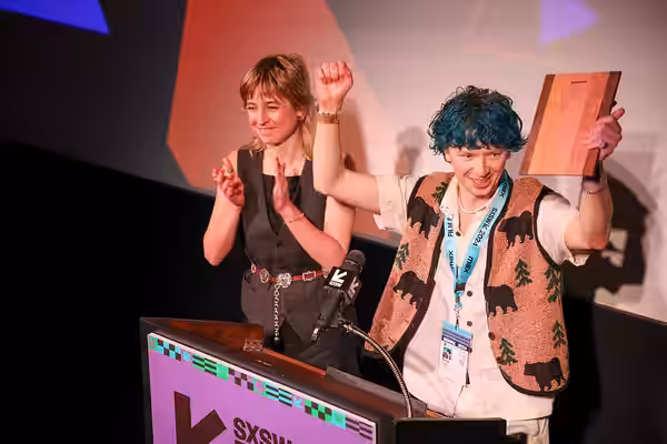 Eros Vlahos (Eros V) on stage at the SXSW 2024 Film Festival award ceremony that took place at the Paramount Theatre in Austin, Texas. Vlahos won the SXSW 2024 