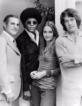 Cast photo from the television program The Mod Squad. From left:Tige Andrews, Clarence Williams III, Peggy Lipton, Michael Cole. (1972)
