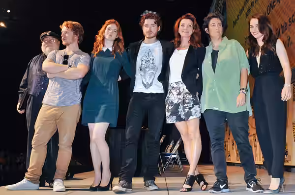 George R.R. Martin, Alfie Allen, Rose Leslie, Richard Madden, Michelle Fairley, Carolyn Strauss, Emilia Clarke. (2012)