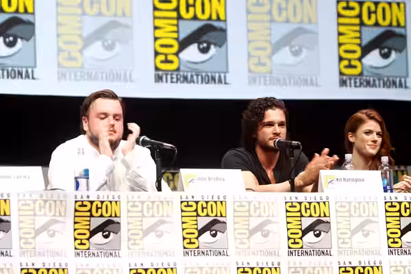 John Bradley Kit Harrington and Rose Leslie speaking at the 2013 San Diego Comic Con International, for "Game of Thrones", at the San Diego Convention Center in