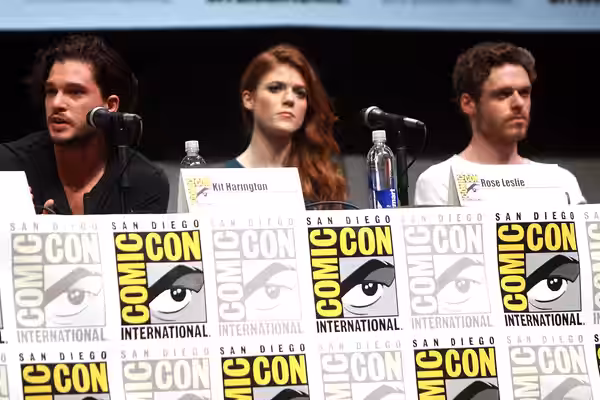 Kit Harrington, Rose Leslie and Richard Madden speaking at the 2013 San Diego Comic Con International, for "Game of Thrones", at the San Diego Convention Center