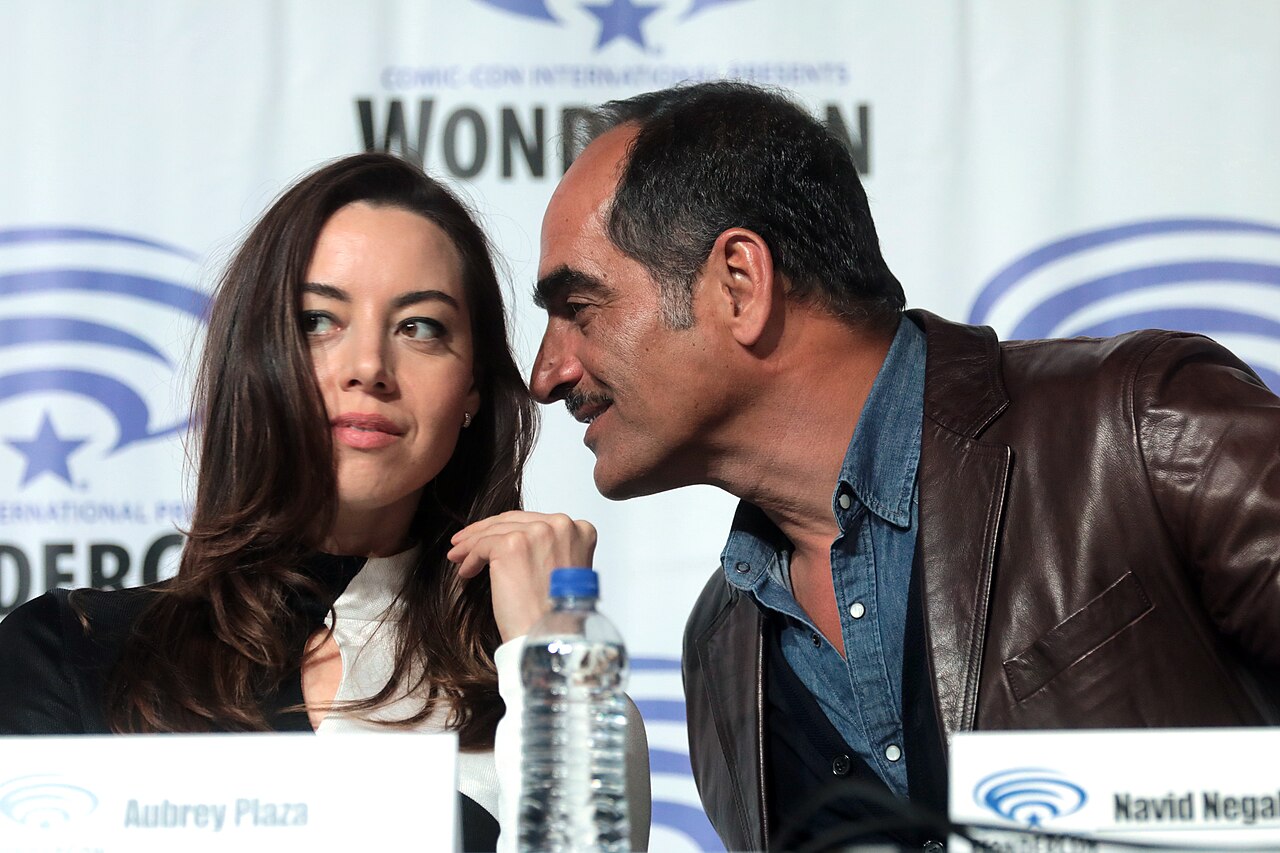 Aubrey Plaza and Navid Negahban speaking at the 2019 WonderCon, for "Legion", at the Anaheim Convention Center in Anaheim, California. Please attribute to Gage 