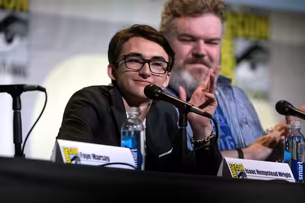 Isaac Hempstead Wright and Kristian Nairn speaking at the 2016 San Diego Comic Con International, for "Game of Thrones", at the San Diego Convention Center in S