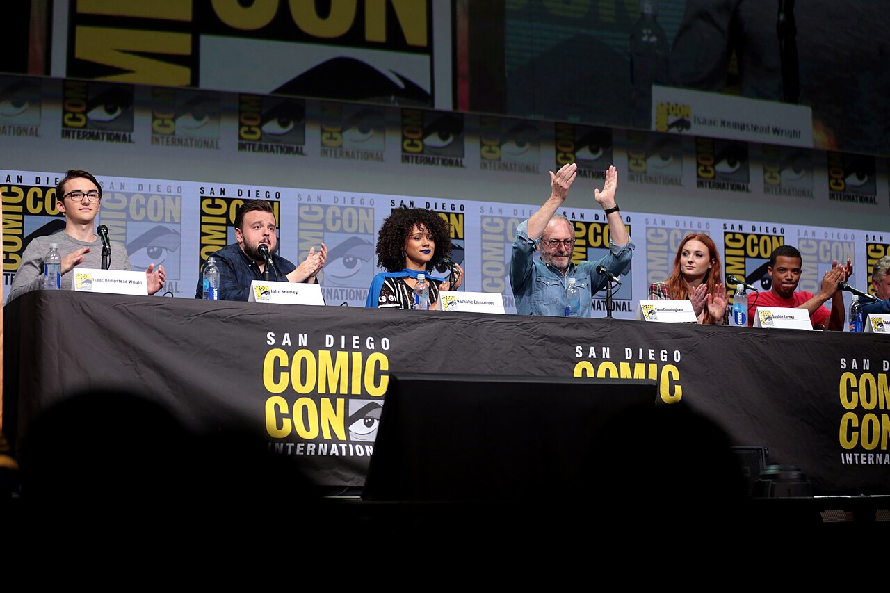 Isaac Hempstead Wright, John Bradley, Nathalie Emmanuel, Liam Cunningham, Sophie Turner and Jacob Anderson speaking at the 2017 San Diego Comic Con Internationa
