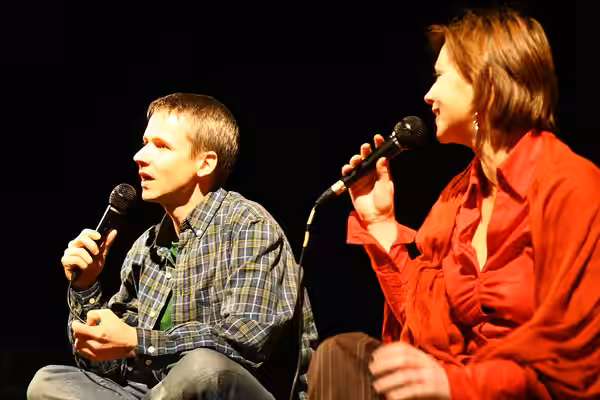 John Cameron Mitchell &amp; Michaela Pňačeková (right) during Q&amp;A at Mezipatra gay &amp; lesbian film festival 2006 at Kino Světozor, Prague, Czech Republic
