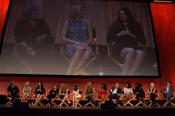The cast from the TV show "Orange is the New Black" at The Paley Center For Media's PaleyFest 2014 Honoring "Orange Is The New Black". From left in chairs: Exec