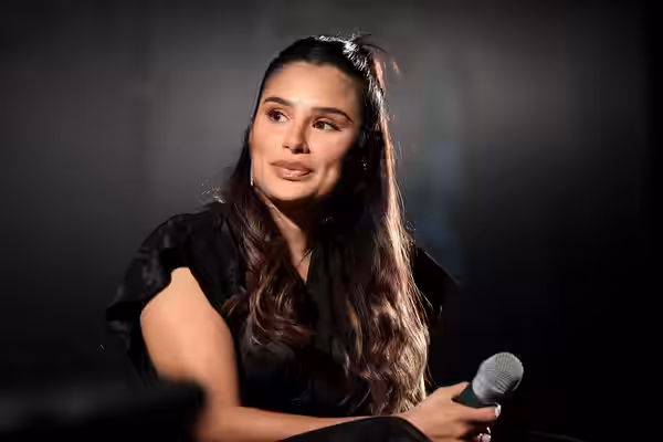 Diane Guerrero speaking at the 2023 John J. Rhodes Lecture hosted by Barrett, the Honors College at Arizona State University at the Galvin Playhouse in Tempe, A