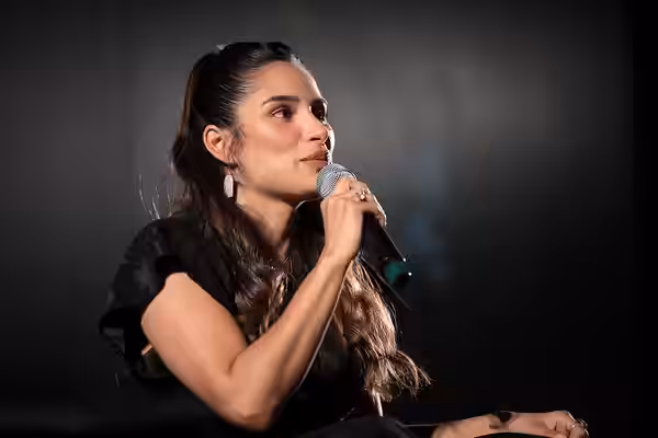 Diane Guerrero speaking at the 2023 John J. Rhodes Lecture hosted by Barrett, the Honors College at Arizona State University at the Galvin Playhouse in Tempe, A