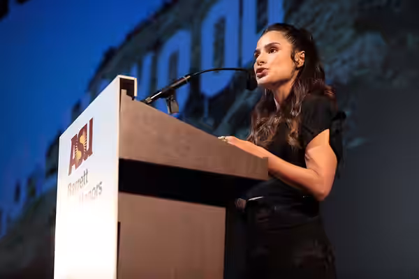 Diane Guerrero speaking at the 2023 John J. Rhodes Lecture hosted by Barrett, the Honors College at Arizona State University at the Galvin Playhouse in Tempe, A