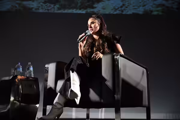 Diane Guerrero speaking at the 2023 John J. Rhodes Lecture hosted by Barrett, the Honors College at Arizona State University at the Galvin Playhouse in Tempe, A
