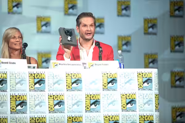 Martha DeLaurentiis and Bryan Fuller speaking at the 2014 San Diego Comic Con International, for "Hannibal", at the San Diego Convention Center in San Diego, Ca