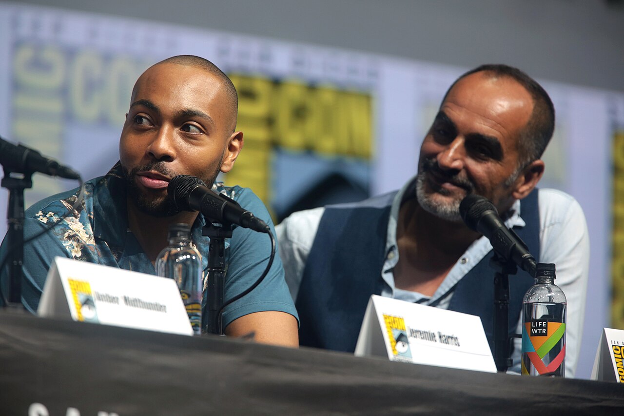 Jeremie Harris and Navid Negahban speaking at the 2018 San Diego Comic Con International, for "Legion", at the San Diego Convention Center in San Diego, Califor