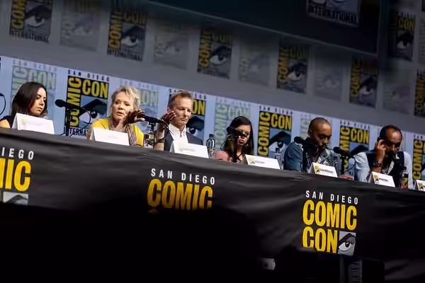 Aubrey Plaza, Jean Smart, Bill Irwin, Amber Midthunder, Jeremie Harris and Navid Negahban speaking at the 2018 San Diego Comic Con International, for "Legion", 