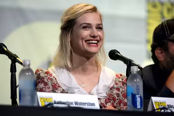Alison Sudol speaking at the 2016 San Diego Comic Con International, for "Fantastic Beasts and Where to Find Them", at the San Diego Convention Center in San Di