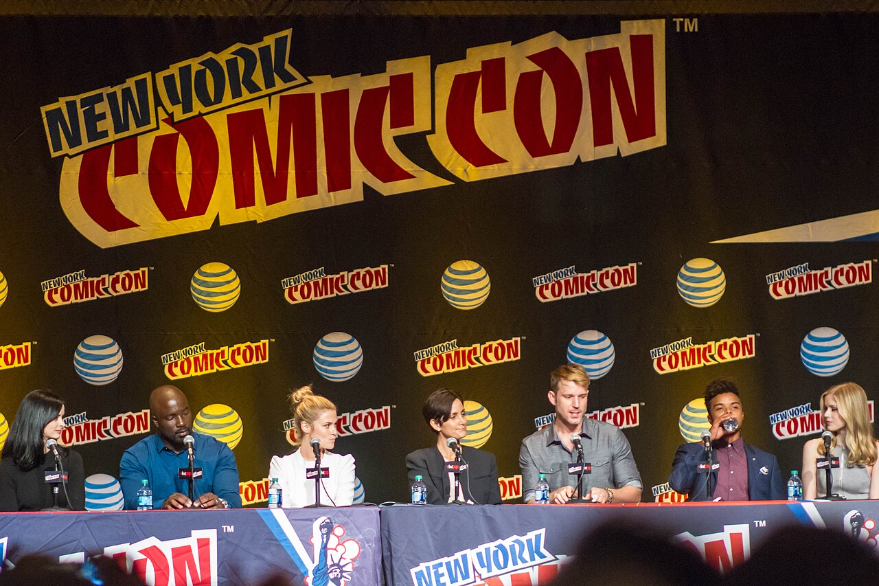 Panel for Jessica Jones at the 2015 New York Comic Con; from left to right: Krysten Ritter, Mike Colter, Rachael Taylor, Carrie-Ann Moss, Wil Traval, Eka Darvil