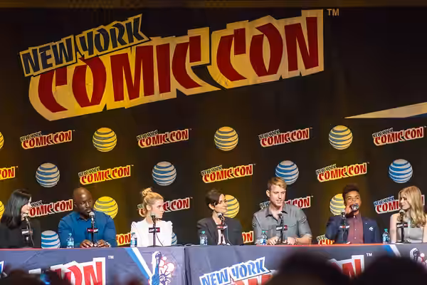 Panel for Jessica Jones at the 2015 New York Comic Con; from left to right: Krysten Ritter, Mike Colter, Rachael Taylor, Carrie-Ann Moss, Wil Traval, Eka Darvil