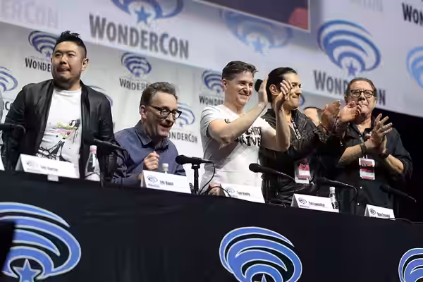 Eric Bauza, Tom Kenny, Yuri Lowenthal, Adam Croasdell and Fred Tatasciore speaking at the 2018 WonderCon, for "Batman Ninja", at the Anaheim Convention Center i