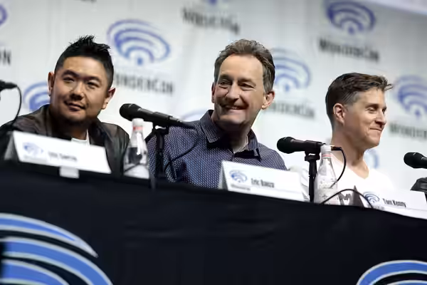Eric Bauza, Tom Kenny and Yuri Lowenthal speaking at the 2018 WonderCon, for "Batman Ninja", at the Anaheim Convention Center in Anaheim, California. Please att