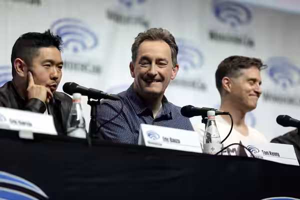 Eric Bauza, Tom Kenny and Yuri Lowenthal speaking at the 2018 WonderCon, for "Batman Ninja", at the Anaheim Convention Center in Anaheim, California. Please att