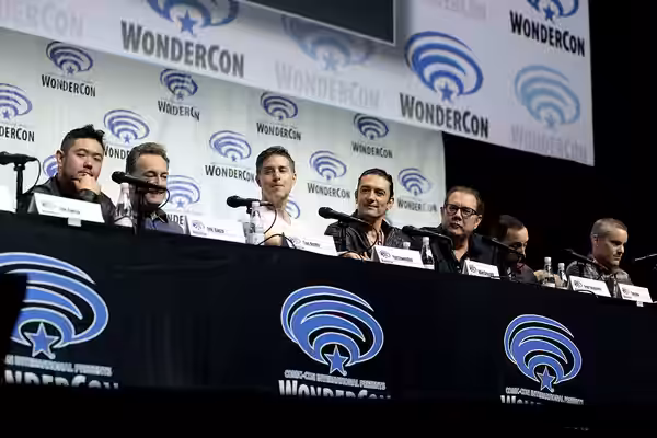 Eric Bauza, Tom Kenny, Yuri Lowenthal, Adam Croasdell, Fred Tatasciore, Tony Hale and Roger Craig Smith speaking at the 2018 WonderCon, for "Batman Ninja", at t