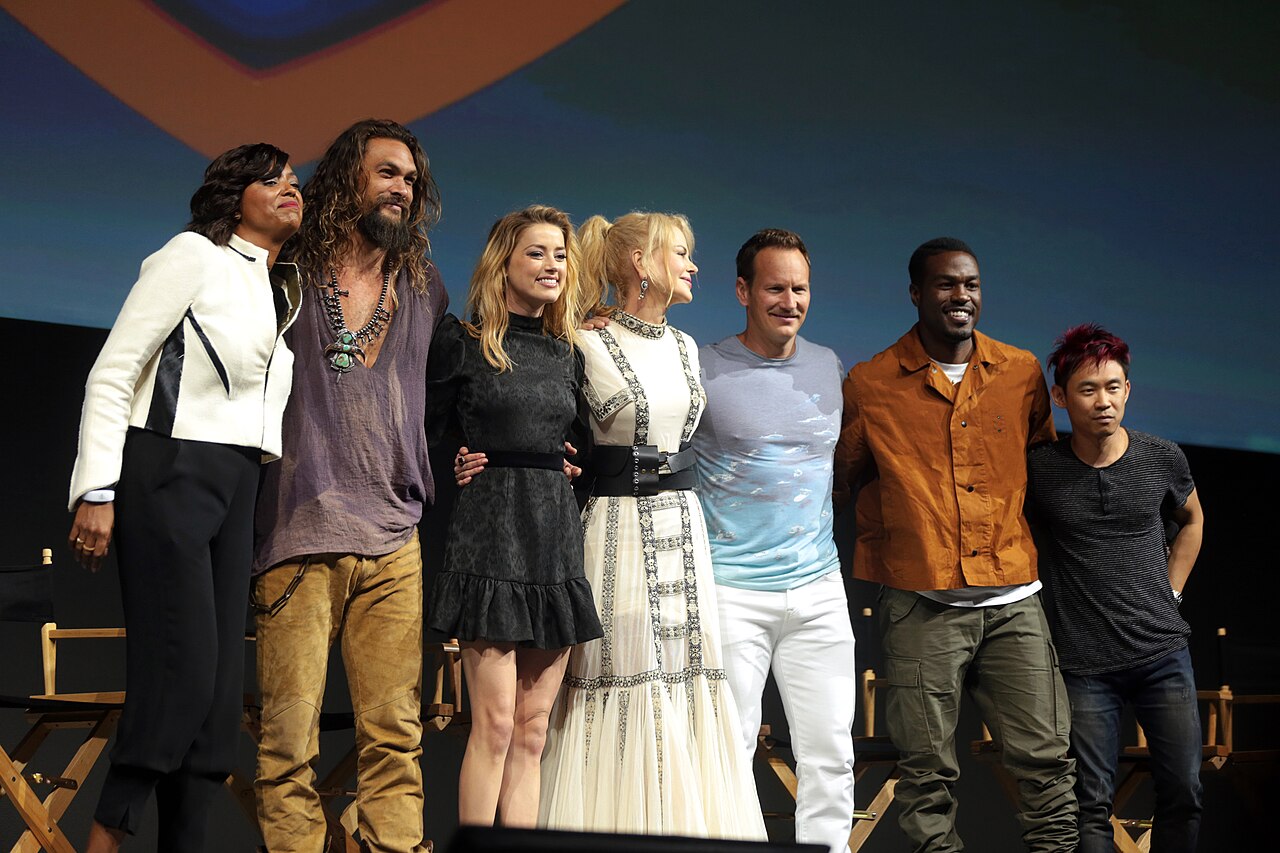 Aisha Tyler, Jason Momoa, Amber Heard, Nicole Kidman, Patrick Wilson, Yahya Abdul-Mateen II and James Wan speaking at the 2018 San Diego Comic Con International