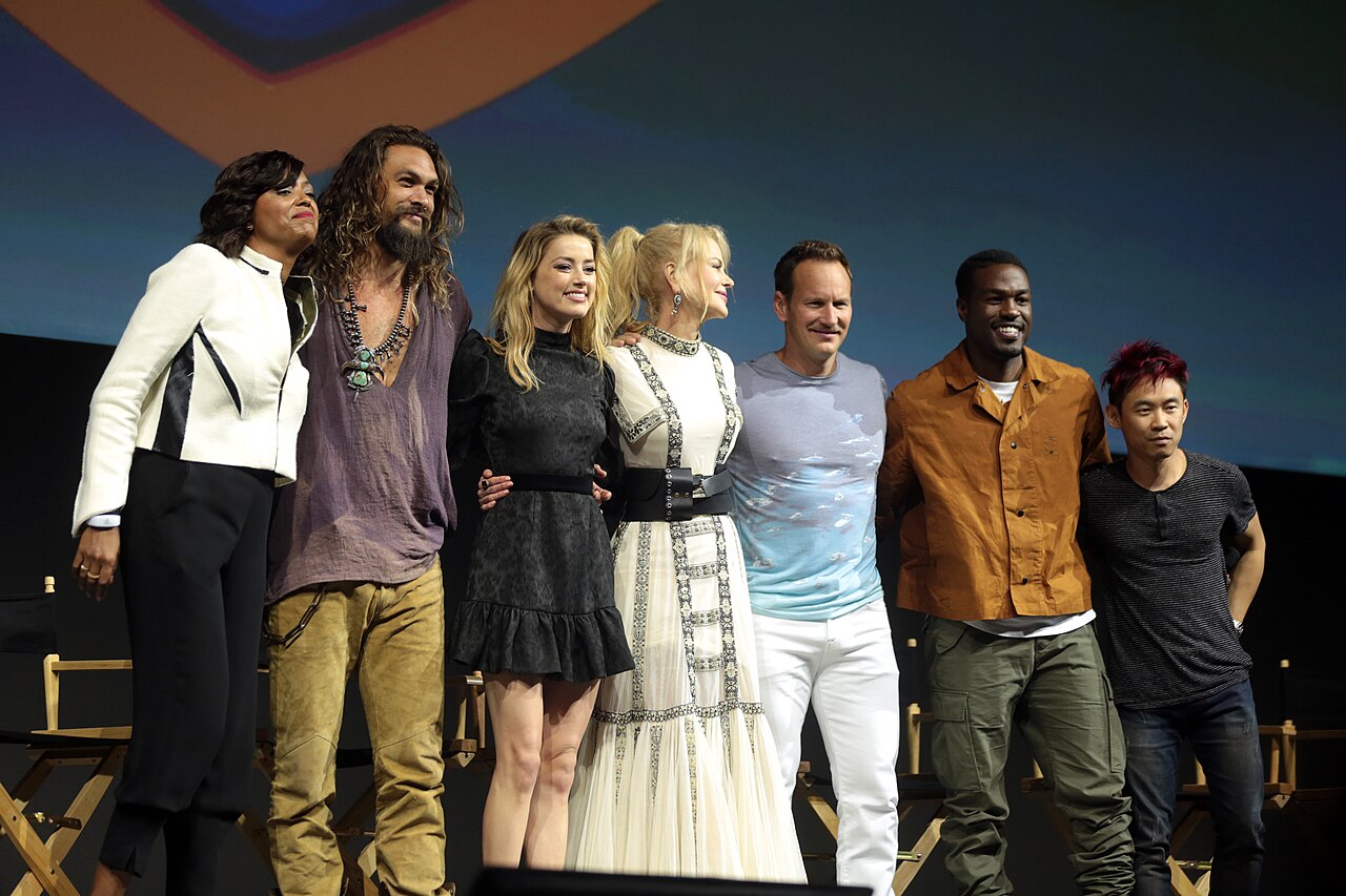 Aisha Tyler, Jason Momoa, Amber Heard, Nicole Kidman, Patrick Wilson, Yahya Abdul-Mateen II and James Wan speaking at the 2018 San Diego Comic Con International
