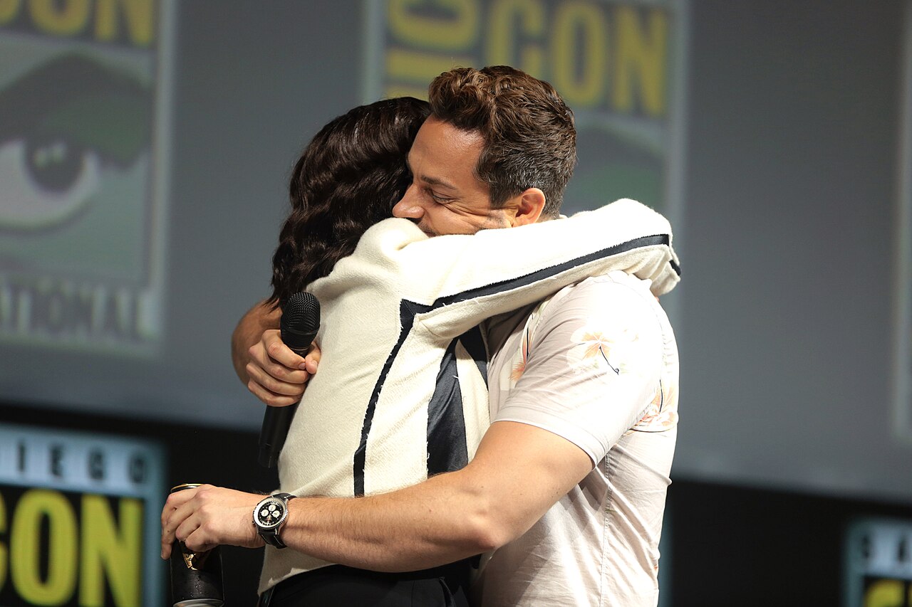 Aisha Tyler and Zachary Levi speaking at the 2018 San Diego Comic Con International, for "Shazam!", at the San Diego Convention Center in San Diego, California.