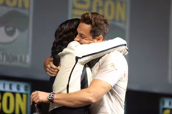Aisha Tyler and Zachary Levi speaking at the 2018 San Diego Comic Con International, for "Shazam!", at the San Diego Convention Center in San Diego, California.