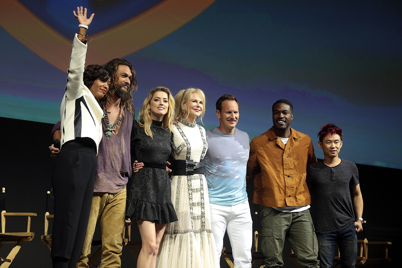 Aisha Tyler, Jason Momoa, Amber Heard, Nicole Kidman, Patrick Wilson, Yahya Abdul-Mateen II and James Wan speaking at the 2018 San Diego Comic Con International