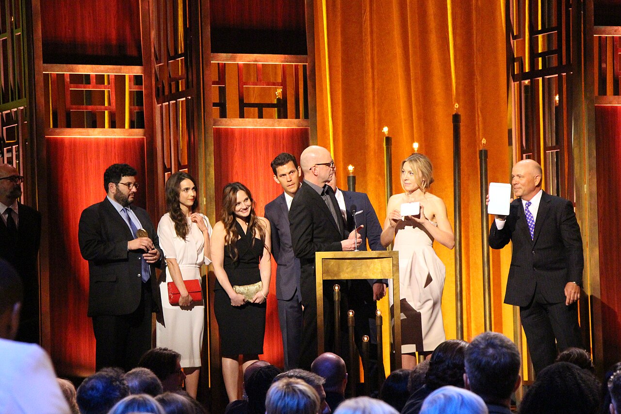Steven Soderbergh, director of The Knick, checks how much time the cast and crew have left on stage. He is on stage with (from left to right) Jack Amiel, Maya K (2015)