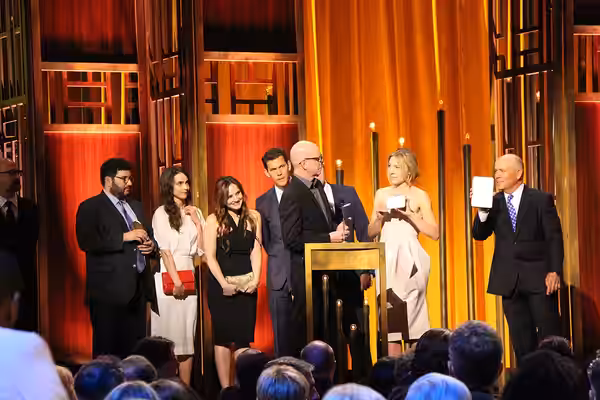 Steven Soderbergh, director of The Knick, checks how much time the cast and crew have left on stage. He is on stage with (from left to right) Jack Amiel, Maya K (2015)