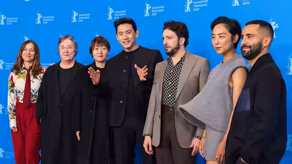 Pamela Koffler, Christine Vachon, Celine Song, Teo Yoo, John Magaro, Greta Lee and David Hinojosa presenting the movie Past Lives at the Berlinale 2023