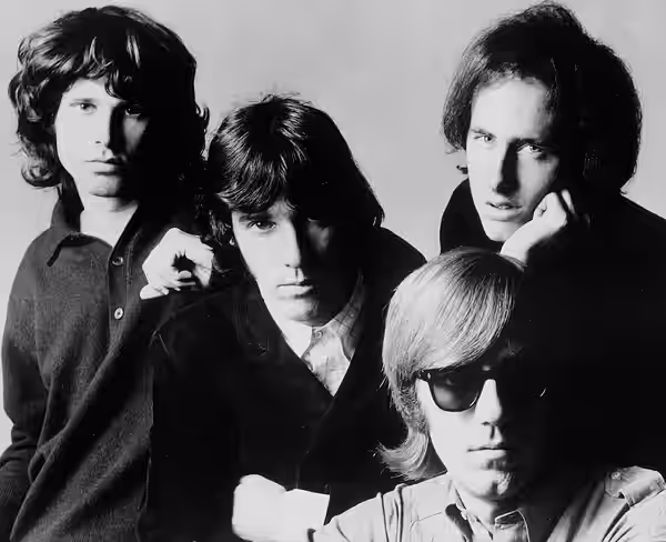 Photo of the rock group The Doors, from a promotional photo session in November 1966 in New York. From left: Jim Morrison, John Densmore, Robby Krieger and seat
