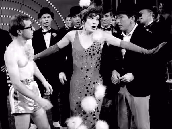 Photo of Andy Williams (as the gangster) with guest stars Woody Allen (as the boxer) and Polly Bergen (as the showgirl) on The Andy Williams Show. The scene sho (1965)