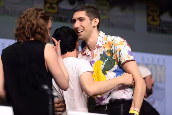 Elijah Wood and Max Landis speaking at the 2017 San Diego Comic Con International, for "Dirk Gently's Holistic Detective Agency", at the San Diego Convention Ce