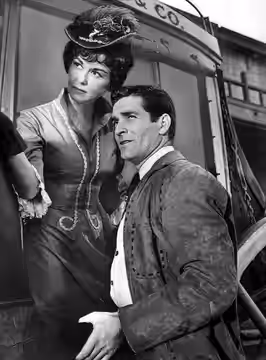 Photo of Hugh O'Brian as Wyatt Earp and guest star Adele Mara from the television program The Life and Legend of Wyatt Earp. (1961)