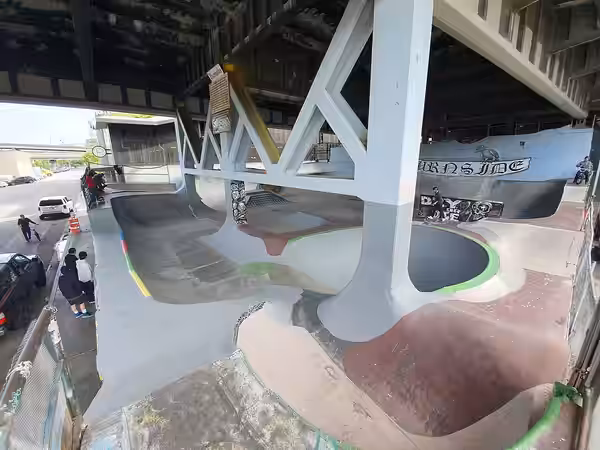 Photograph of the Burnside Skatepark as of May 18, 2019. Taken from the southeast corner